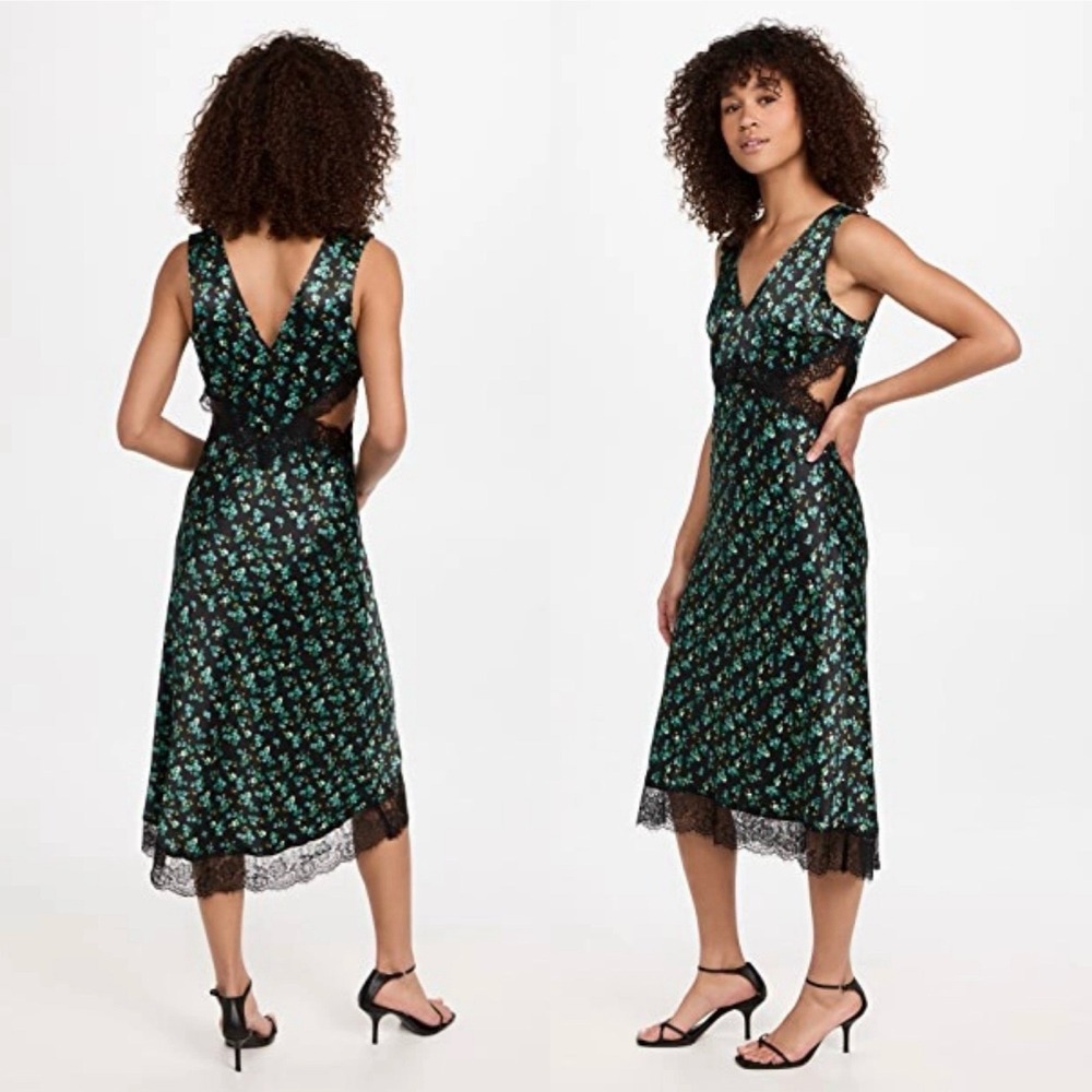Rails Pandora Mint Floral Satin Midi Slip Dress Black Lace Trim Size XS